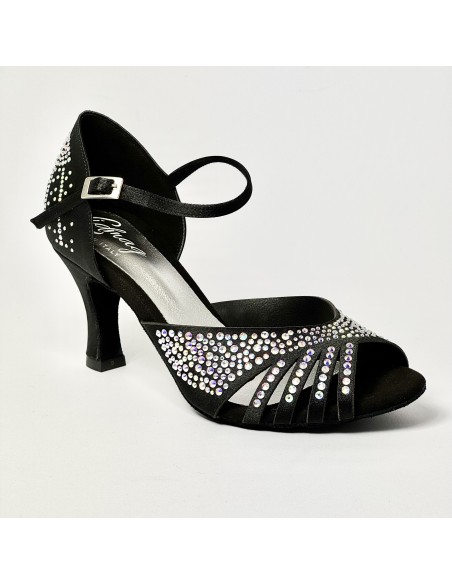 Scarpa da ballo donna latino americano liscio da sala raso nero tutta strass suola bufalo tacco 70 rocchetto