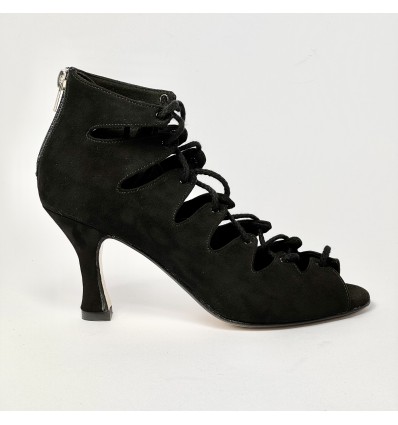 Scarpa da ballo donna latino americano liscio da sala camoscio nero suola cuoio tacco 80 rocchetto