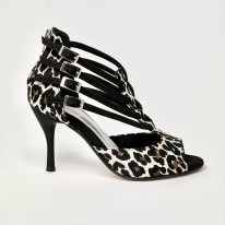 Scarpa da ballo donna latino americano liscio tango  spuntata tessuto leopardo bianco suola cuoio tacco 85