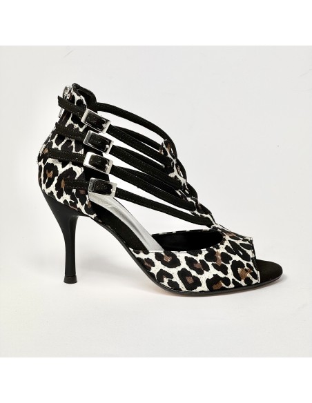 Scarpa da ballo donna latino americano liscio tango  spuntata tessuto leopardo bianco suola cuoio tacco 85