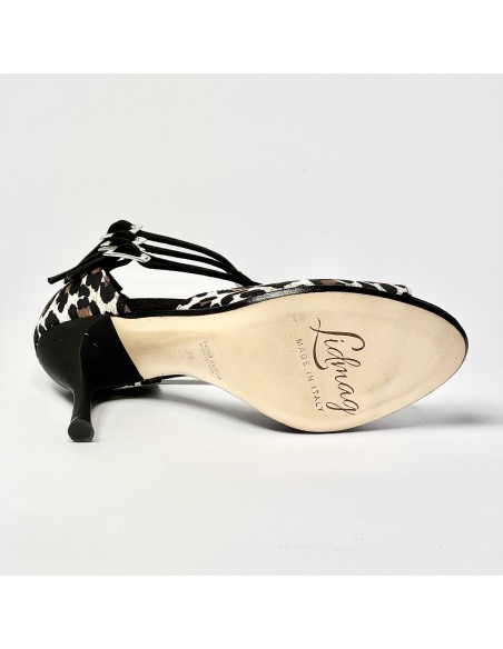 Scarpa da ballo donna latino americano liscio tango  spuntata tessuto leopardo bianco suola cuoio tacco 85