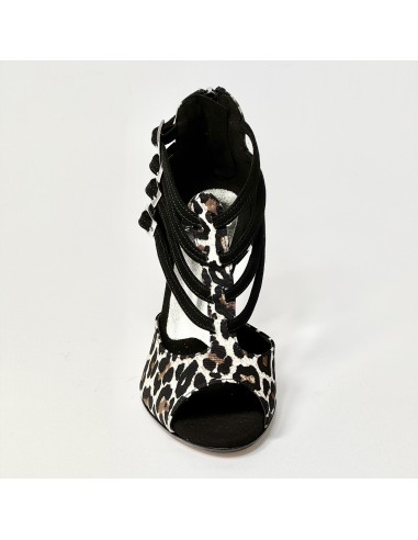 Scarpa da ballo donna latino americano liscio tango  spuntata tessuto leopardo bianco suola cuoio tacco 85