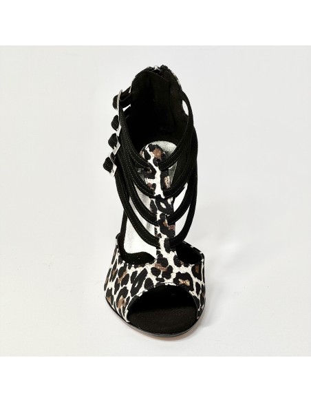 Scarpa da ballo donna latino americano liscio tango  spuntata tessuto leopardo bianco suola cuoio tacco 85