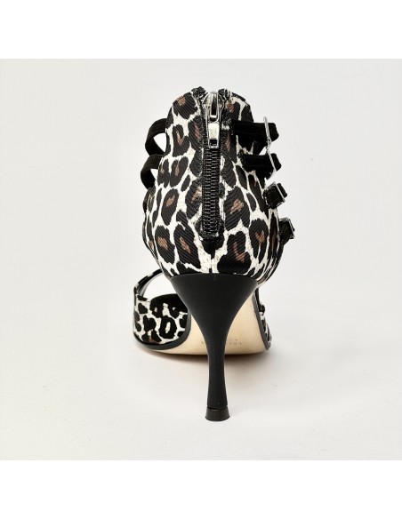 Scarpa da ballo donna latino americano liscio tango  spuntata tessuto leopardo bianco suola cuoio tacco 85