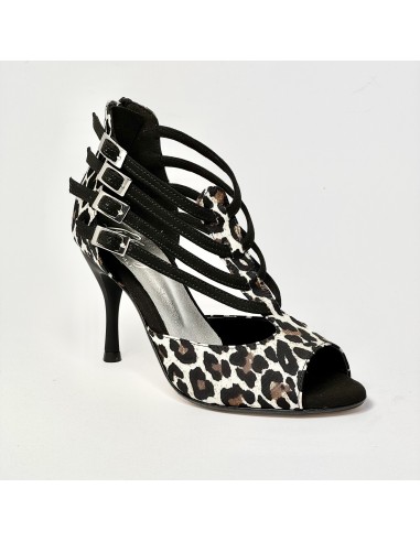 Scarpa da ballo donna latino americano liscio tango  spuntata tessuto leopardo bianco suola cuoio tacco 85