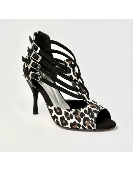 Scarpa da ballo donna latino americano liscio tango  spuntata tessuto leopardo bianco suola cuoio tacco 85