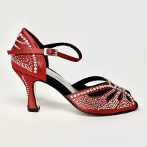 Scarpa da ballo donna latino americano ballo da sala liscio spuntata raso rosso tutta strass suola cuoio tacco 80 rocchetto