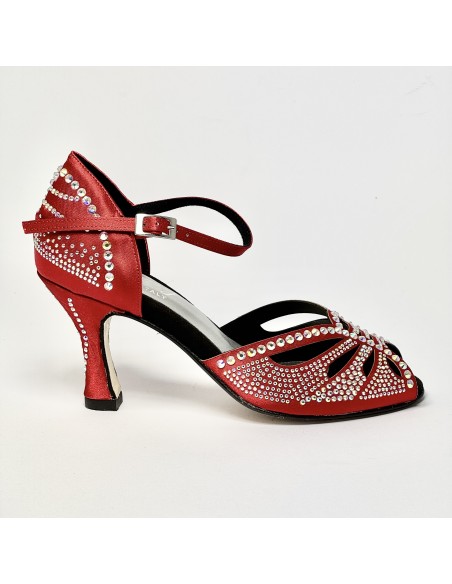 Scarpa da ballo donna latino americano ballo da sala liscio spuntata raso rosso tutta strass suola cuoio tacco 80 rocchetto