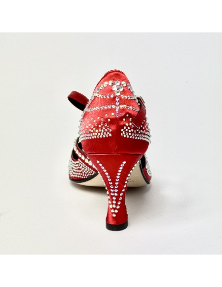 Scarpa da ballo donna latino americano ballo da sala liscio spuntata raso rosso tutta strass suola cuoio tacco 80 rocchetto
