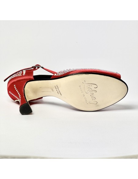 Scarpa da ballo donna latino americano ballo da sala liscio spuntata raso rosso tutta strass suola cuoio tacco 80 rocchetto