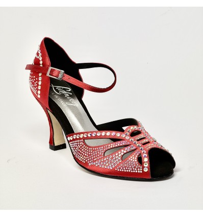 Scarpa da ballo latino raso rosso strass suola cuoio tacco 80