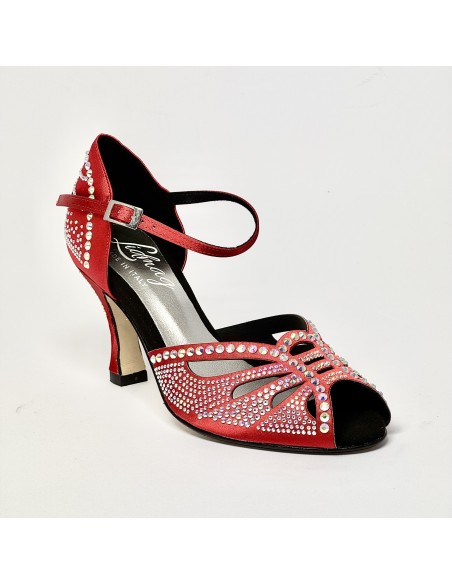 Scarpa da ballo donna latino americano ballo da sala liscio spuntata raso rosso tutta strass suola cuoio tacco 80 rocchetto