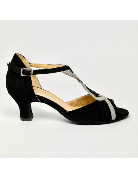 Scarpa da ballo donna latino americano liscio da sala camoscio nero glitter argento suola bufalo tacco 50