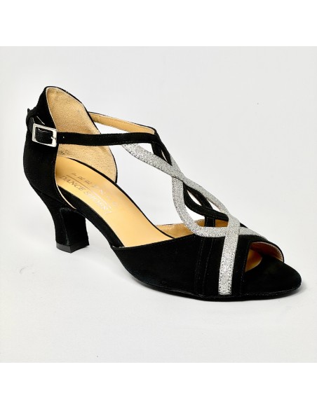 Scarpa da ballo donna latino americano liscio da sala camoscio nero glitter argento suola bufalo tacco 50