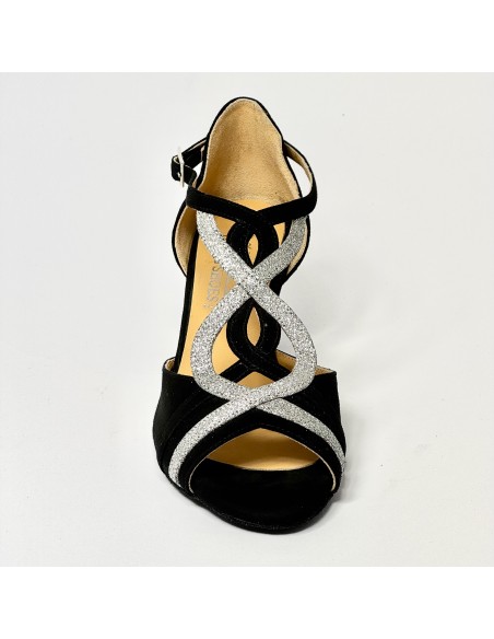 Scarpa da ballo donna latino americano liscio da sala camoscio nero glitter argento suola bufalo tacco 50