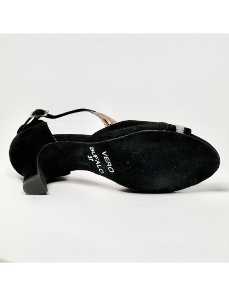 Scarpa da ballo donna latino americano liscio da sala camoscio nero glitter argento suola bufalo tacco 50