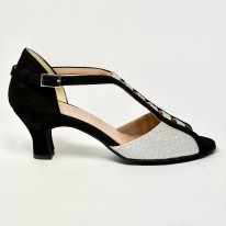 Scarpa da ballo donna latino americano liscio da sala spuntata camoscio nero glitter argento suola bufalo tacco 50