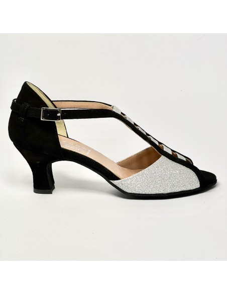 Scarpa da ballo donna latino americano liscio da sala spuntata camoscio nero glitter argento suola bufalo tacco 50
