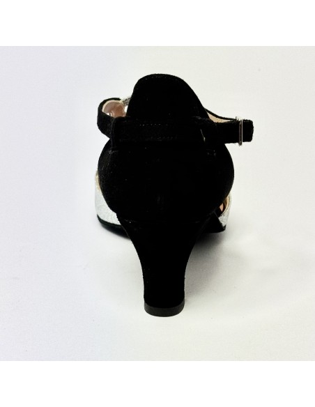 Scarpa da ballo donna latino americano liscio da sala spuntata camoscio nero glitter argento suola bufalo tacco 50
