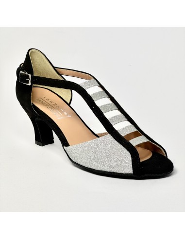 Scarpa da ballo donna latino americano liscio da sala spuntata camoscio nero glitter argento suola bufalo tacco 50