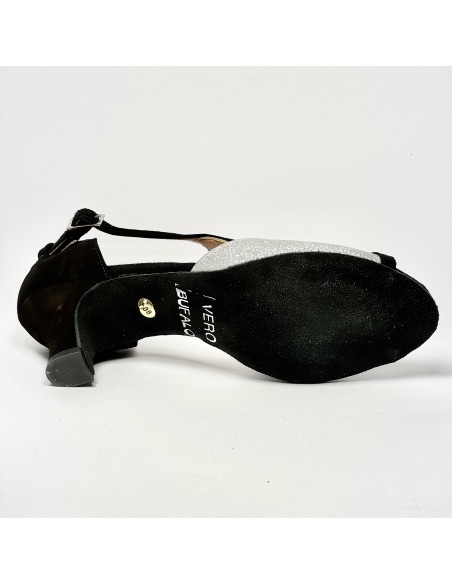 Scarpa da ballo donna latino americano liscio da sala spuntata camoscio nero glitter argento suola bufalo tacco 50
