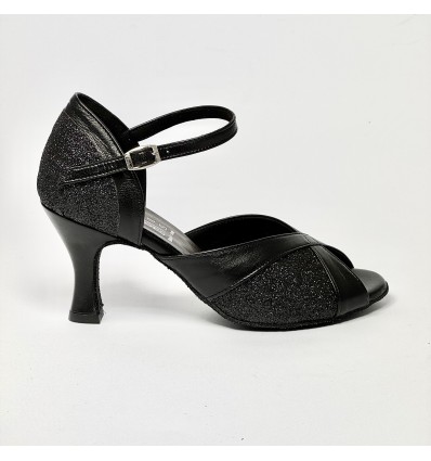 Scarpa da ballo donna latino americano liscio da sala spuntata pelle glitter nero suola bufalo tacco 70 rocchetto