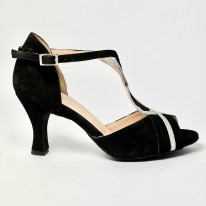 Scarpa da ballo donna latino americano liscio sputata camoscio nero glitter argento suola bufalo tacco 70 rocchetto
