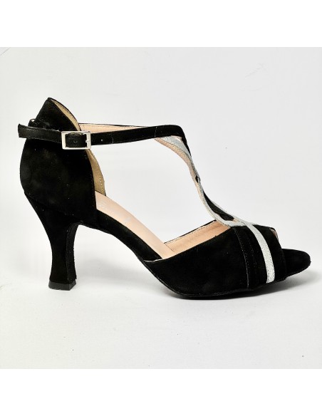 Scarpa da ballo donna latino americano liscio sputata camoscio nero glitter argento suola bufalo tacco 70 rocchetto