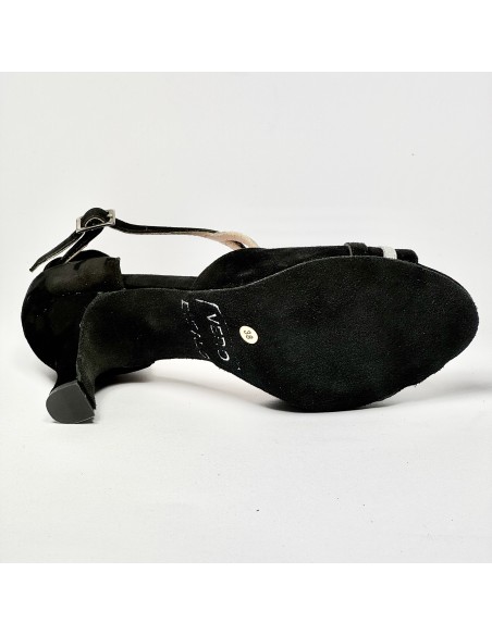 Scarpa da ballo donna latino americano liscio sputata camoscio nero glitter argento suola bufalo tacco 70 rocchetto