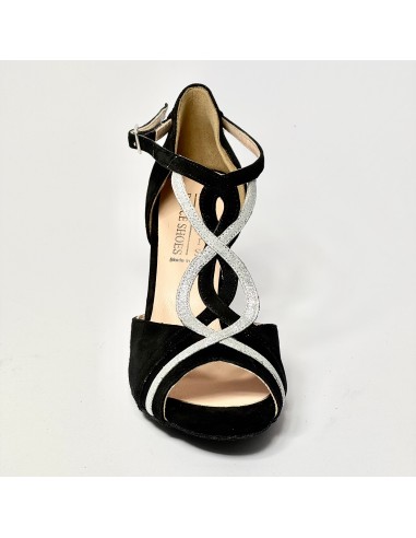 Scarpa da ballo donna latino americano liscio sputata camoscio nero glitter argento suola bufalo tacco 70 rocchetto