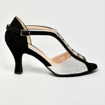 Scarpe da ballo donna latino liscio da sala spuntata camoscio nero glitter argento suola bufalo tacco 70 rocchetto
