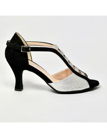 Scarpe da ballo donna latino liscio da sala spuntata camoscio nero glitter argento suola bufalo tacco 70 rocchetto