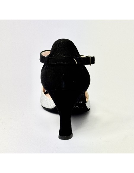 Scarpe da ballo donna latino liscio da sala spuntata camoscio nero glitter argento suola bufalo tacco 70 rocchetto