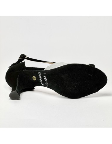 Scarpe da ballo donna latino liscio da sala spuntata camoscio nero glitter argento suola bufalo tacco 70 rocchetto
