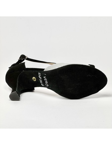 Scarpe da ballo donna latino liscio da sala spuntata camoscio nero glitter argento suola bufalo tacco 70 rocchetto