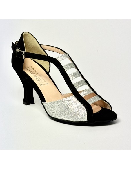 Scarpe da ballo donna latino liscio da sala spuntata camoscio nero glitter argento suola bufalo tacco 70 rocchetto
