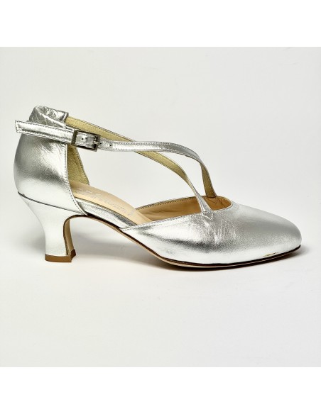 Scarpa da ballo donna ballo da sala liscio pelle argento suola cuoio tacco 50
