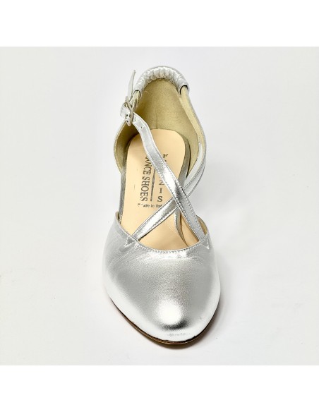Scarpa da ballo donna ballo da sala liscio pelle argento suola cuoio tacco 50