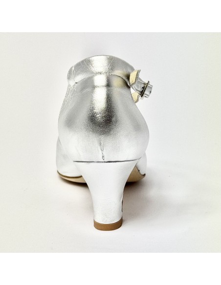 Scarpa da ballo donna ballo da sala liscio pelle argento suola cuoio tacco 50