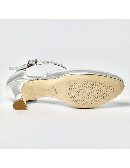 Scarpa da ballo donna ballo da sala liscio pelle argento suola cuoio tacco 50