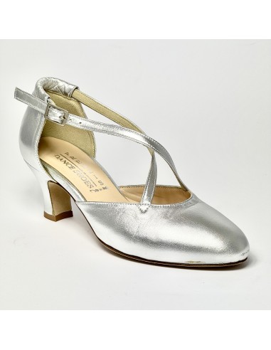 Scarpa da ballo donna ballo da sala liscio pelle argento suola cuoio tacco 50