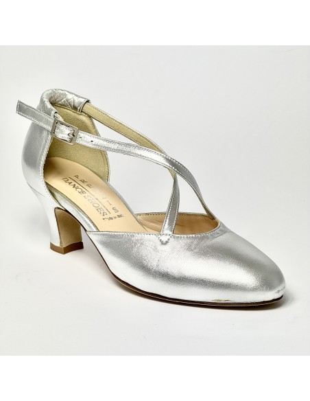 Scarpa da ballo donna ballo da sala liscio pelle argento suola cuoio tacco 50