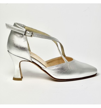 Scarpa da ballo donna ballo da sala liscio punta chiusa pelle argento suola cuoio tacco 70 rocchetto