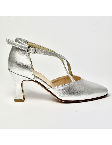 Scarpa da ballo donna ballo da sala liscio punta chiusa pelle argento suola cuoio tacco 70 rocchetto