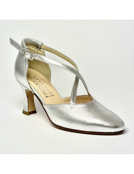 Scarpa da ballo donna ballo da sala liscio punta chiusa pelle argento suola cuoio tacco 70 rocchetto