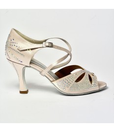 Scarpa da ballo donna latino liscio spuntata raso cipria tutta con strass suola bufalo tacco 80 rocchetto