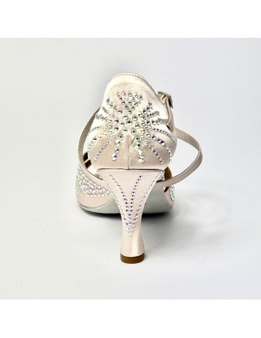 Scarpa da ballo donna latino liscio spuntata raso cipria tutta con strass suola bufalo tacco 80 rocchetto