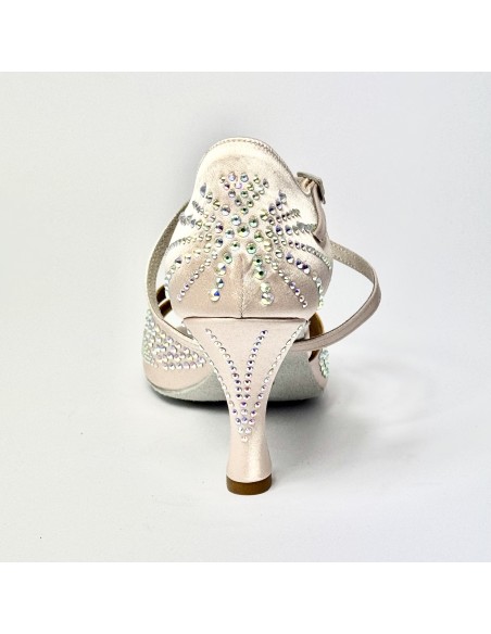 Scarpa da ballo donna latino liscio spuntata raso cipria tutta con strass suola bufalo tacco 80 rocchetto