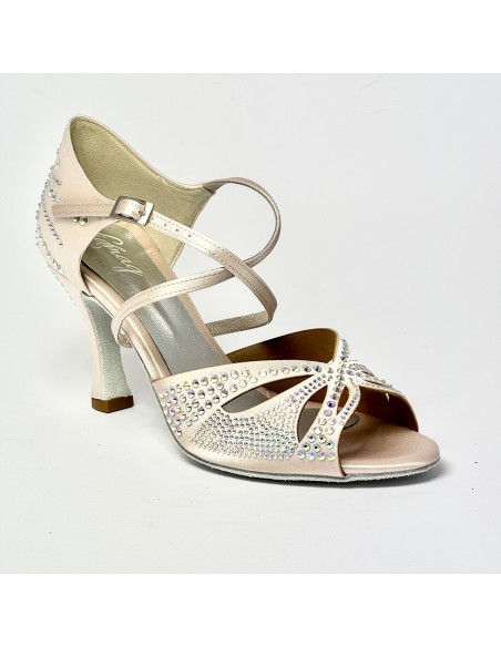 Scarpa da ballo donna latino liscio spuntata raso cipria tutta con strass suola bufalo tacco 80 rocchetto