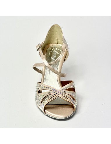 Scarpa da ballo donna latino liscio spuntata raso cipria tutta con strass suola bufalo tacco 80 rocchetto